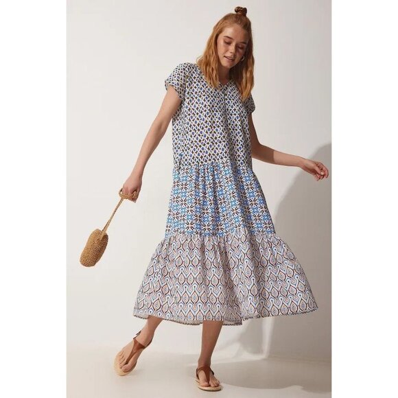 ZARA Blue Printed Cotton Voile Tiered A-Line Midi Dress, Size L - Picture 13 of 15